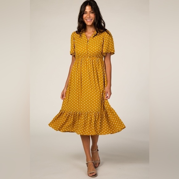 mimi & daphner Dresses & Skirts - Mustard Polka Dot Flowy Accent Nursing Dress